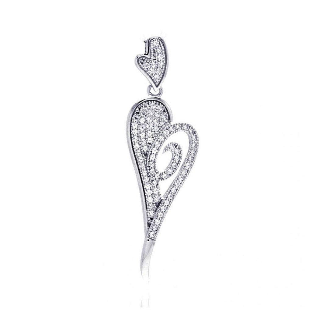 .925 Sterling Silver Rhodium Plated Elongated Heart Micro Pave Cz Dangling Pendant