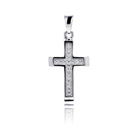 .925 Sterling Silver Rhodium Plated Cross Inlay Micro Pave Cz Dangling Pendant