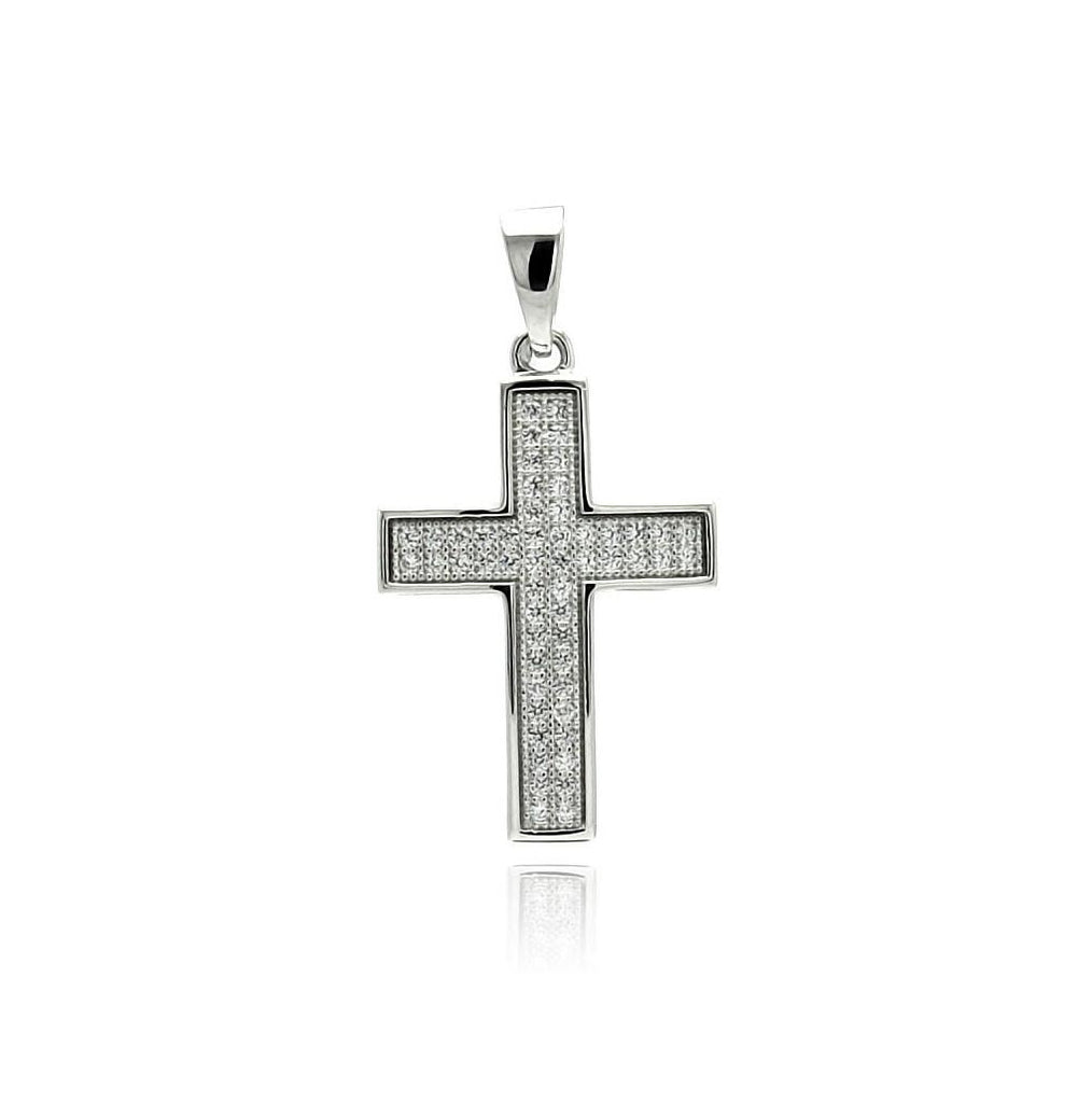 .925 Sterling Silver Rhodium Plated Cross Inlay Micro Pave Cz Cross Pendant