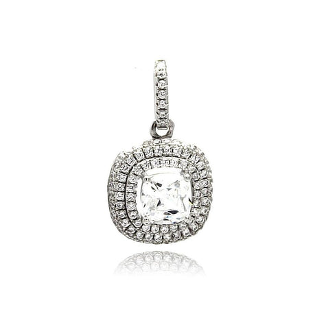 .925 Sterling Silver Rhodium Plated Square Micro Pave Cz Dangling Pendant