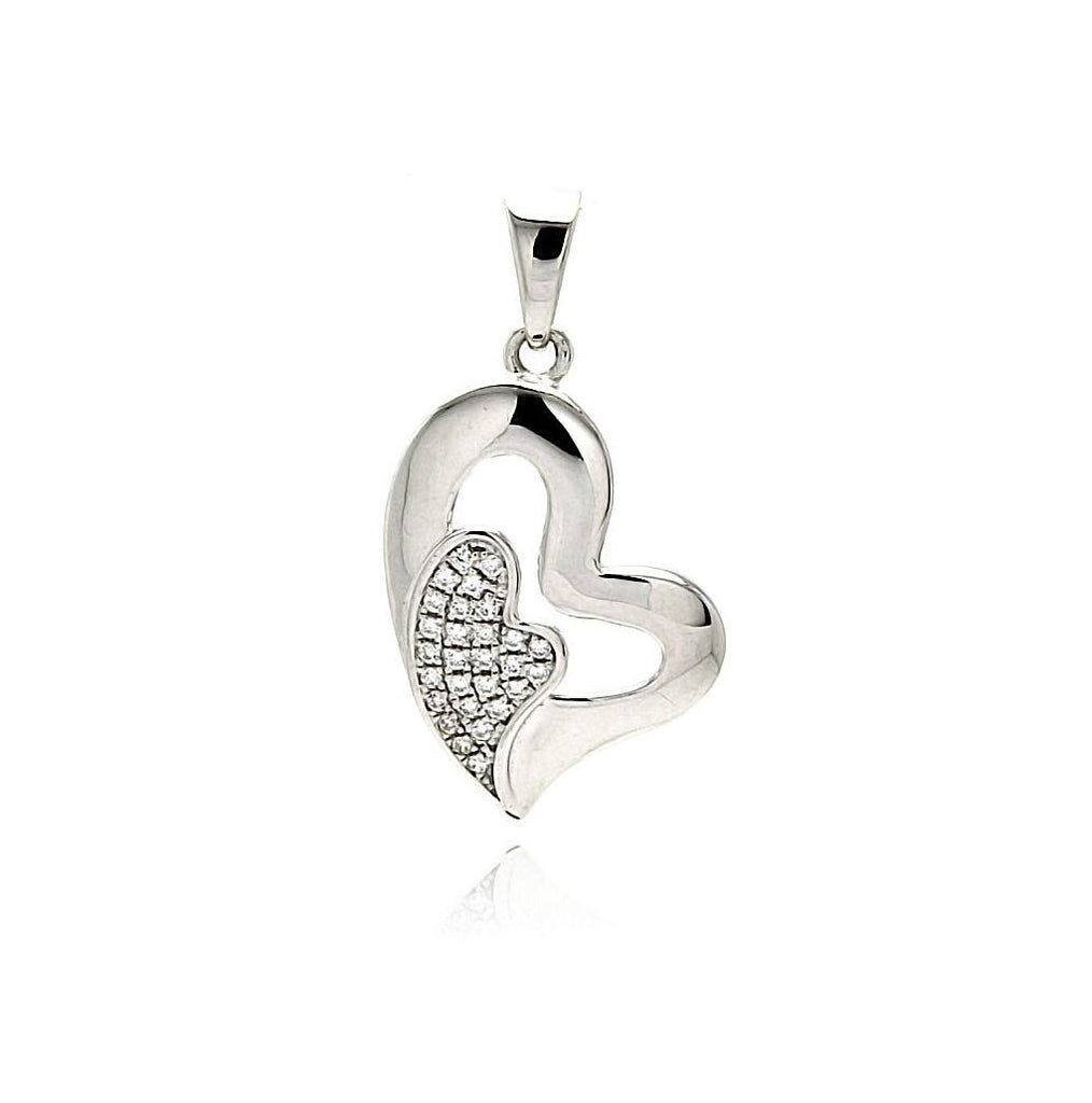 .925 Sterling Silver Rhodium Plated Open Heart Micro Pave Cz Inlay Mini Heart Dangling Pendant