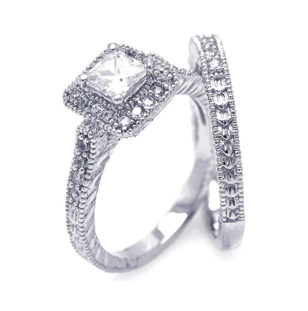 .925 Sterling Silver Rhodium Plated Pave Clear Square Cluster Cz Engagement Ring Set, <b>size: 5</b>