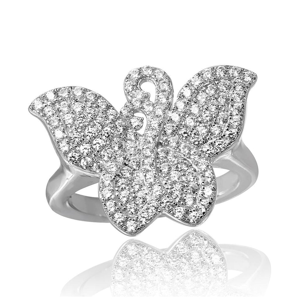 .925 Sterling Silver Rhodium Plated Butterfly Covered With Cz, <b>size: 5</b>