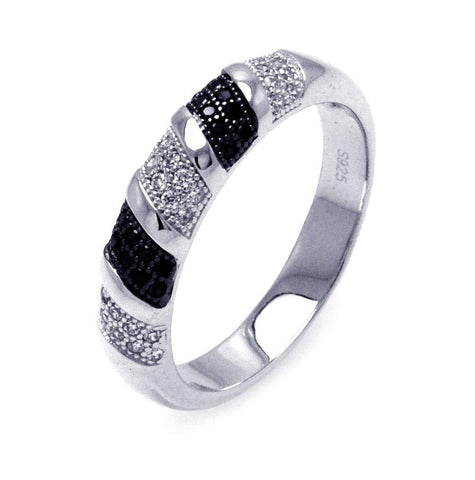 .925 Sterling Silver Rhodium & Black Rhodium Plated Black & Clear Micro Pave Cz Stripe Ring, <b>size: 5</b>