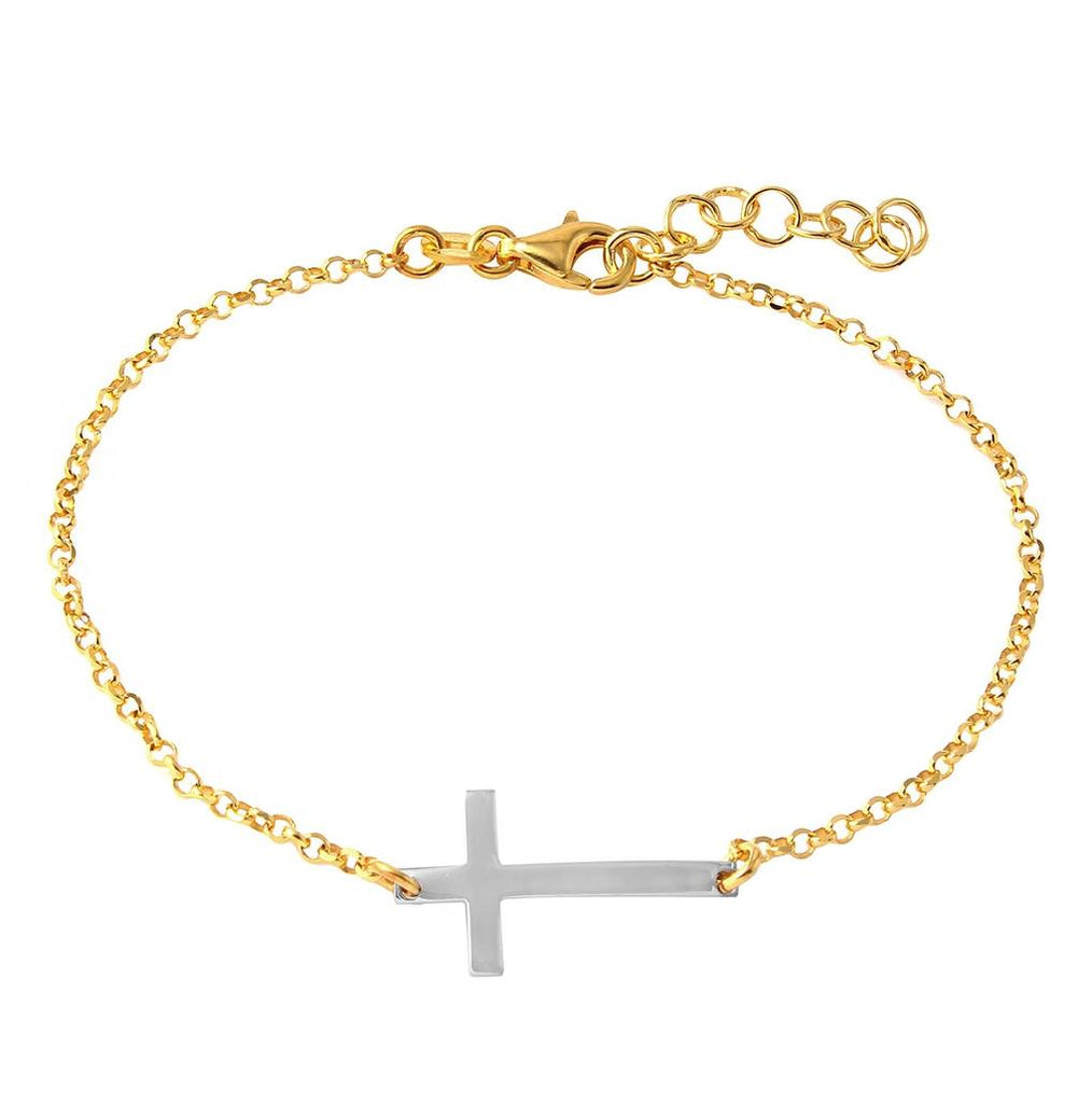 .925 Sterling Silver Gold Plated Italian Rolo Chain With Rhodium Plated Cross Bracelet