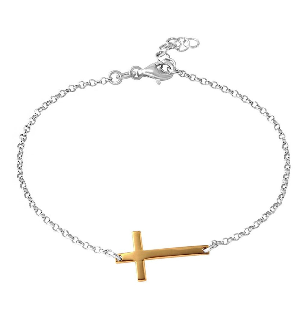 .925 Sterling Silver Rhodium Plated Italian Rolo Chain With Gold Plated Cross Bracelet