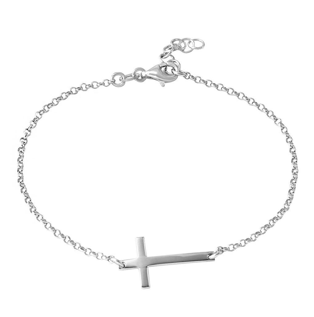 .925 Sterling Silver High Polished Italian Rolo Chain With Cross Bracelet