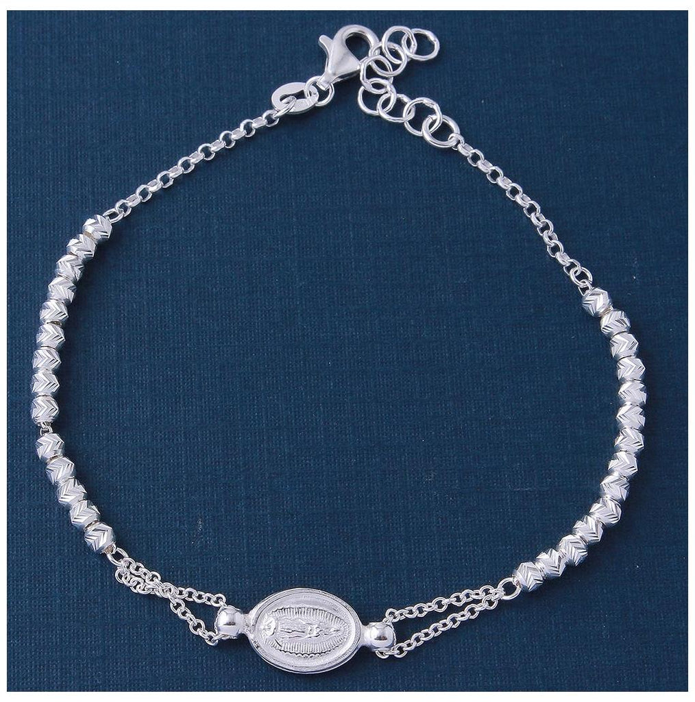 .925 Sterling Silver Rhodium Plated Diamond Cut Beads With Religious Medallion Charm  Bracelet