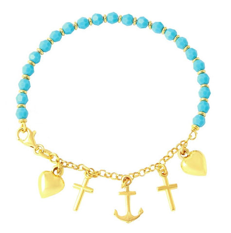 .925 Sterling Silver Gold Plated Charm Bracelet With Turquoise Beads