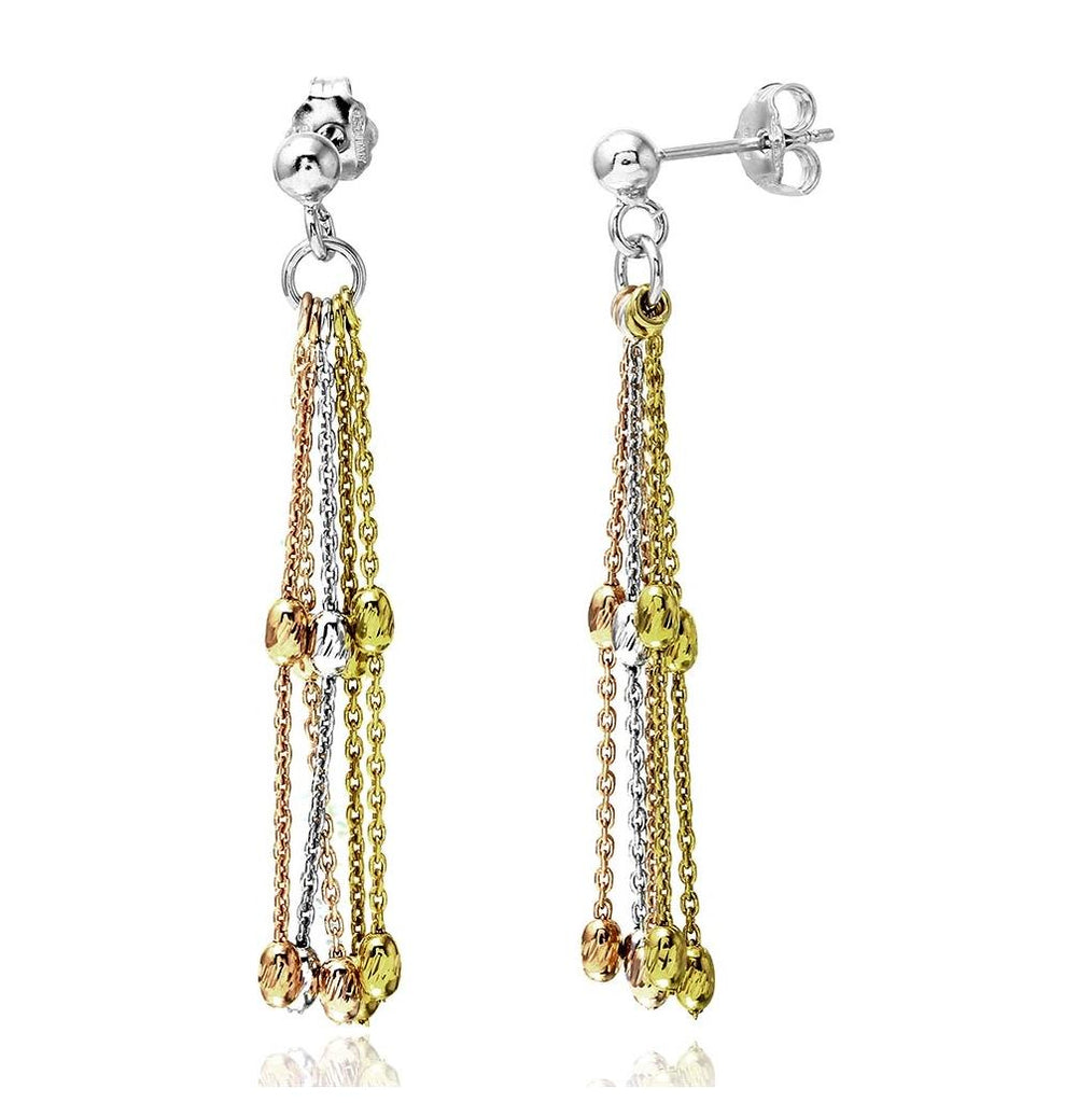 .925 Sterling Silver 3 Toned Dangling Beaded Stands Earrings