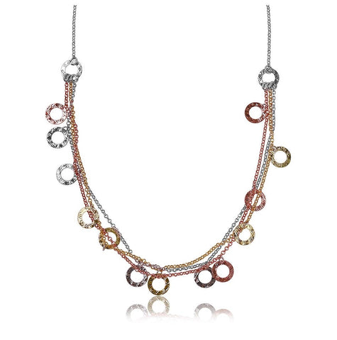 .925 Sterling Silver Multi Strands 3 Toned With Open Disc Hanging Design Italian Necklace