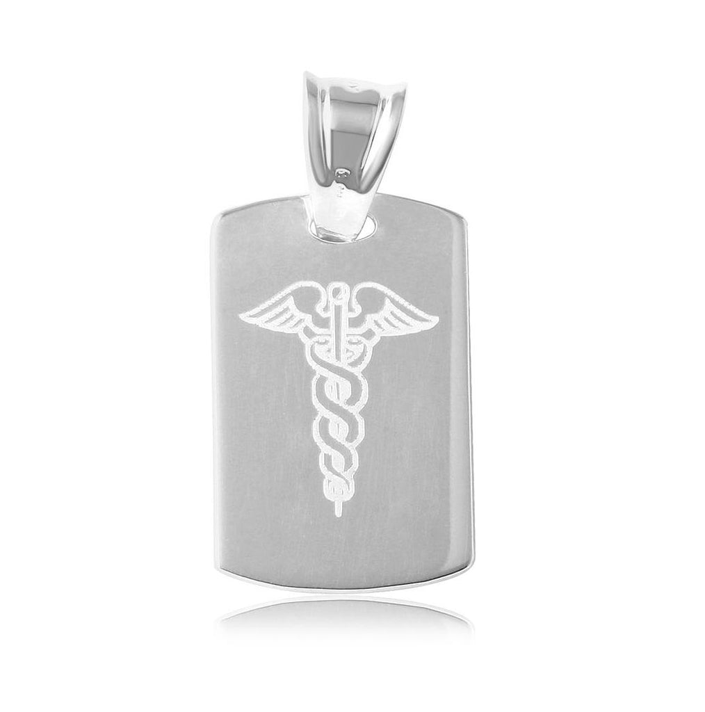 .925 Sterling Silver High Polished Dogtag Engravable Charm With Medical Sign