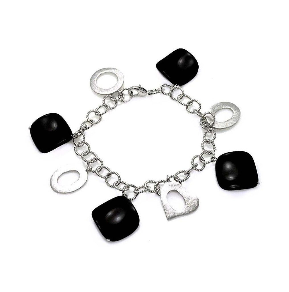 Brass Rhodium Plated Black Onyx Open Heart Charm Bracelet