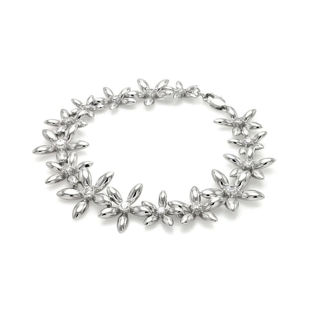 Brass Rhodium Plated Clear Cz Flower Bracelet