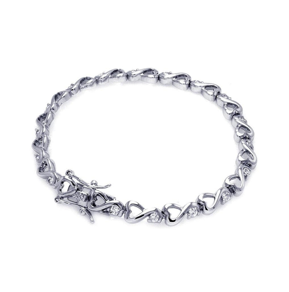 Brass Rhodium Plated Clear Cz Heart Link Bracelet