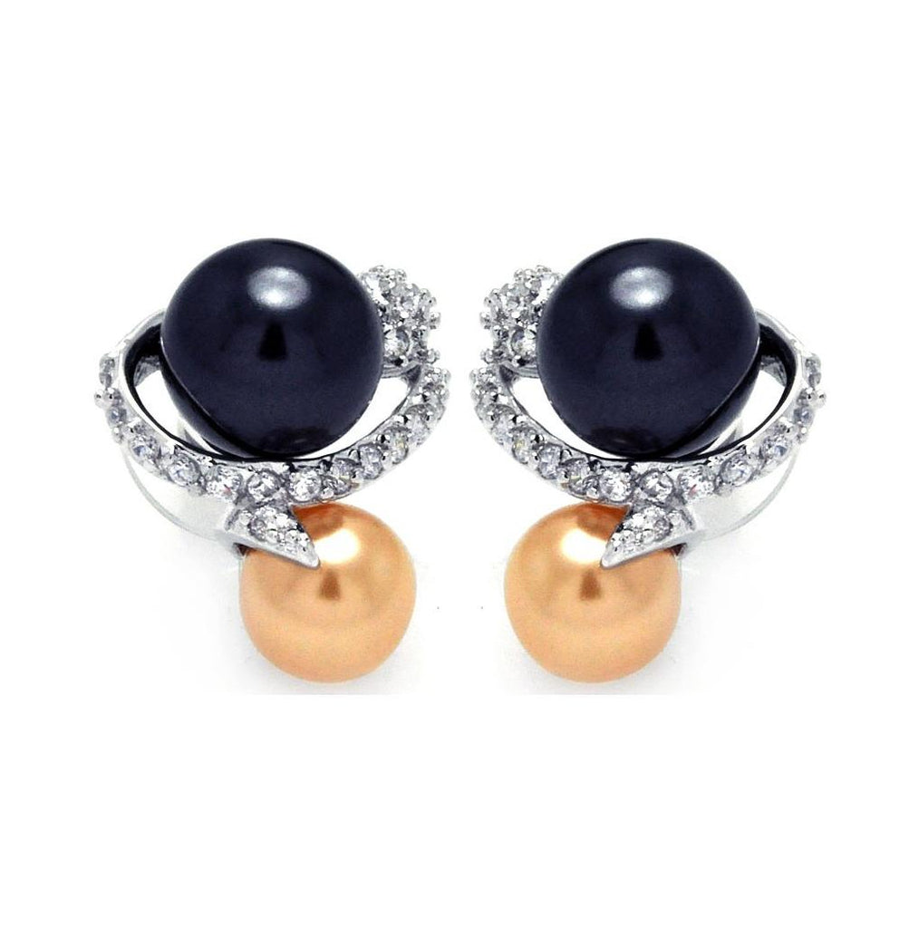 Rhodium Plated Brass Black Brown Pearl Clear Cz Earring