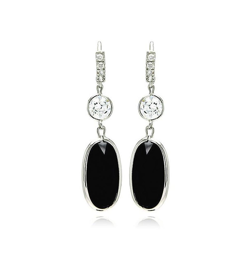 Rhodium Plated Brass Clear Cz Black Oval Earring