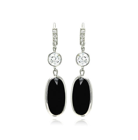 Rhodium Plated Brass Clear Cz Black Oval Earring