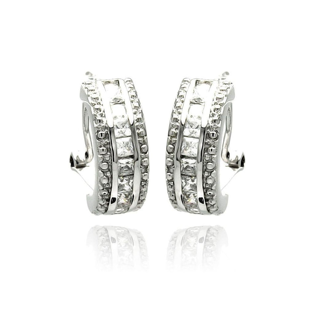 Rhodium Plated Brass Clear Cz Leverback Semi Hoop Earring