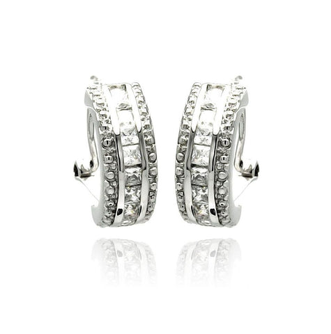 Rhodium Plated Brass Clear Cz Leverback Semi Hoop Earring