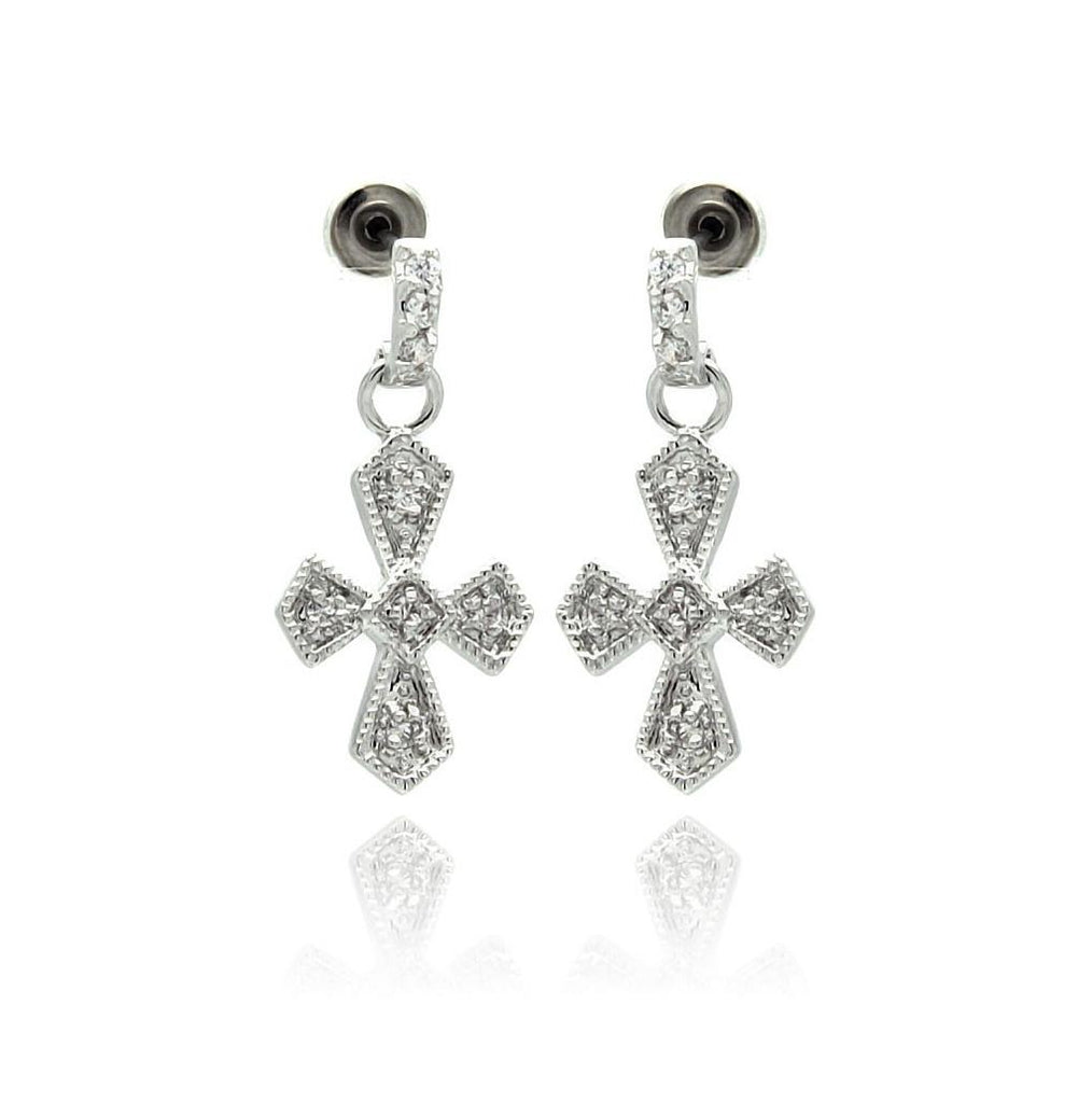 Rhodium Plated Brass Clear Cz Cross Earring