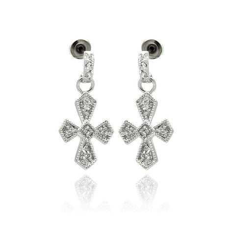 Rhodium Plated Brass Clear Cz Cross Earring