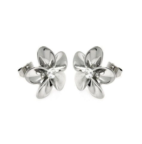 Rhodium Plated Brass Clear Cz High Polished Flower Earring