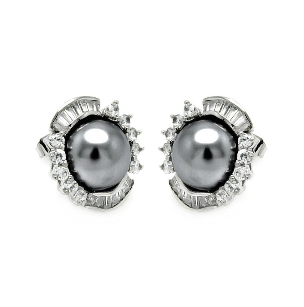 Rhodium Plated Brass Clear Cz Grey Pearl Center Earring