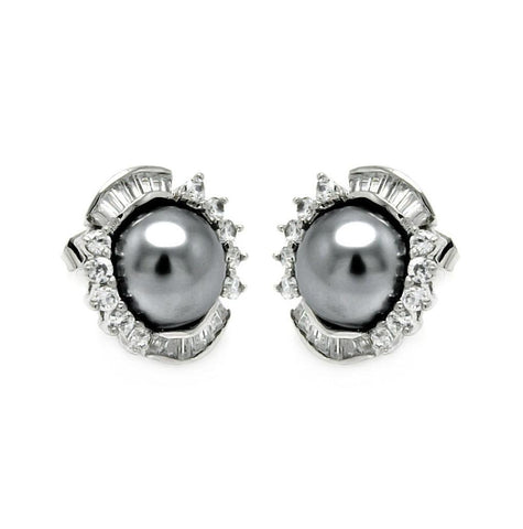 Rhodium Plated Brass Clear Cz Grey Pearl Center Earring