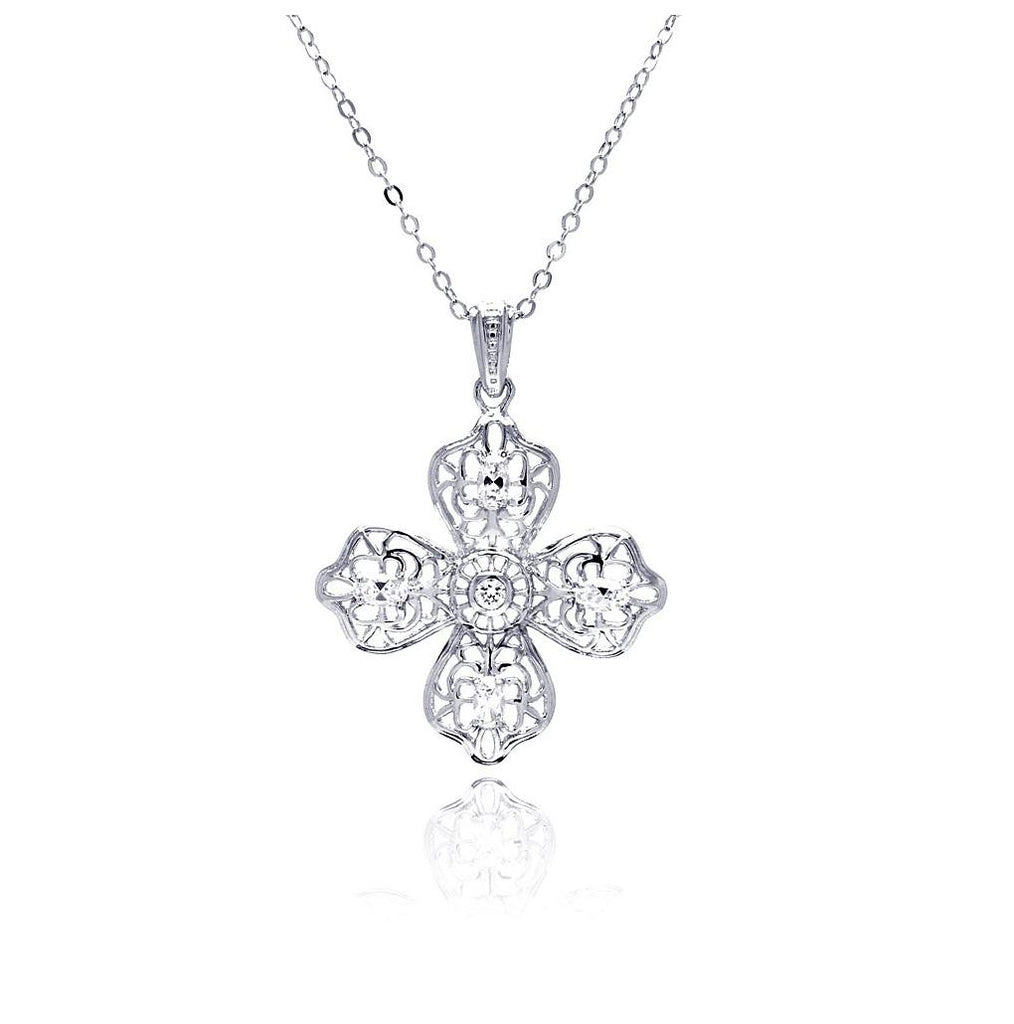 Rhodium Plated Brass Clear Cz Cross Pendant Necklace