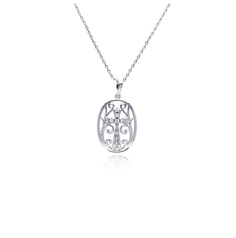 Rhodium Plated Brass Clear Cz Cross Inlay Pendant Necklace