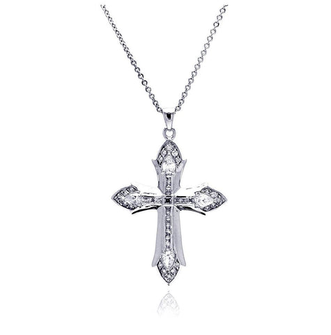 Rhodium Plated Brass Clear Cross Pendant Necklace