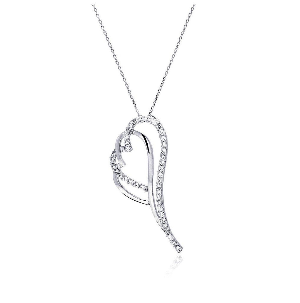 Rhodium Plated Brass Clear Cz Double Hearts Pendant Necklace