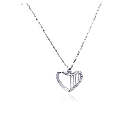 Rhodium Plated Brass Clear Cz Open Heart Pendant Necklace