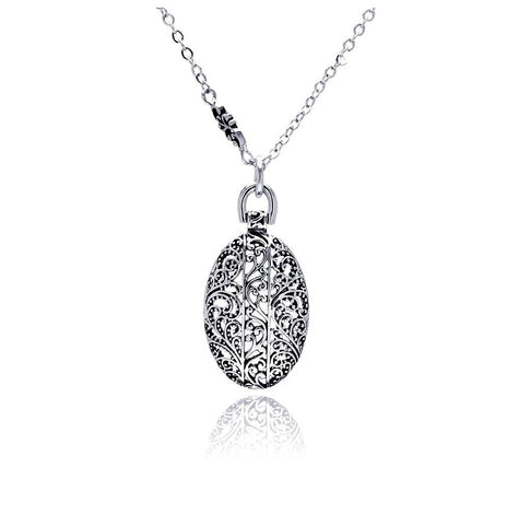 Rhodium Plated Brass Oval Flower Outline Pendant Necklace