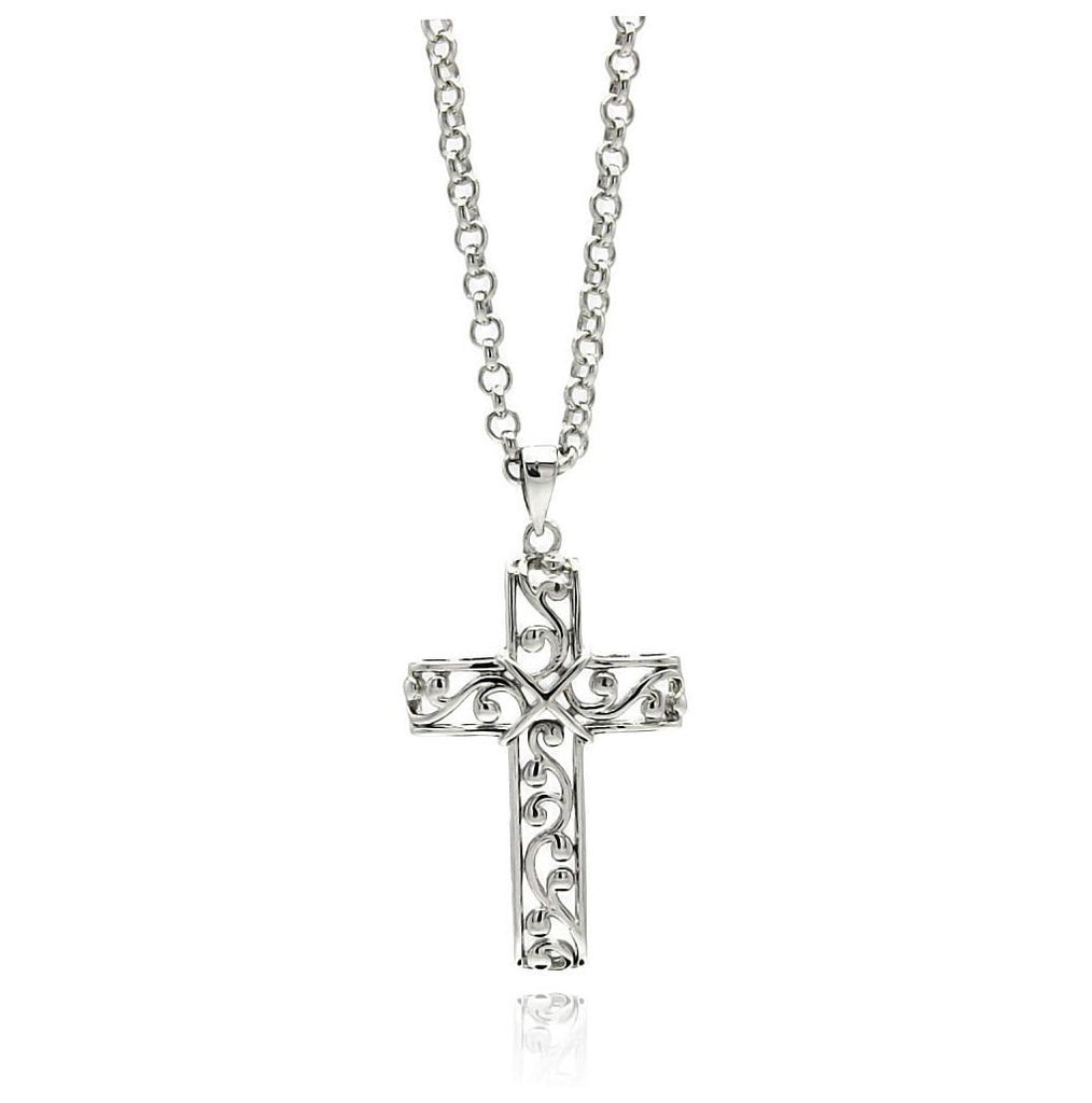 Rhodium Plated Brass Cross Outline Pendant Necklace