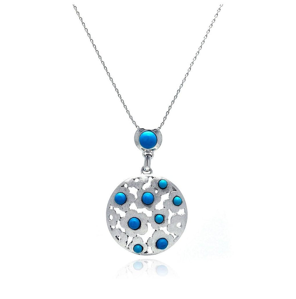 Rhodium Plated Brass Blue Dots Round Disc Pendant Necklace