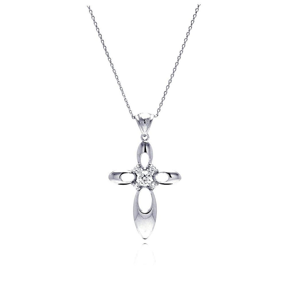 Rhodium Plated Brass Clear Cz Cross Pendant Necklace