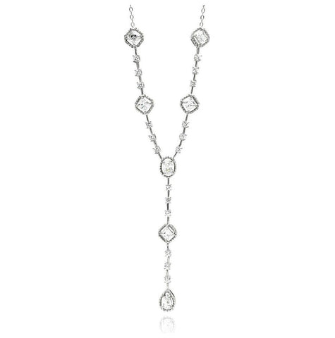 Rhodium Plated Brass Clear Cz Rosary Style Pendant Necklace