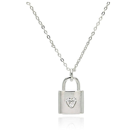 Rhodium Plated Brass Clear Cz Accent Lock Pendant Necklace