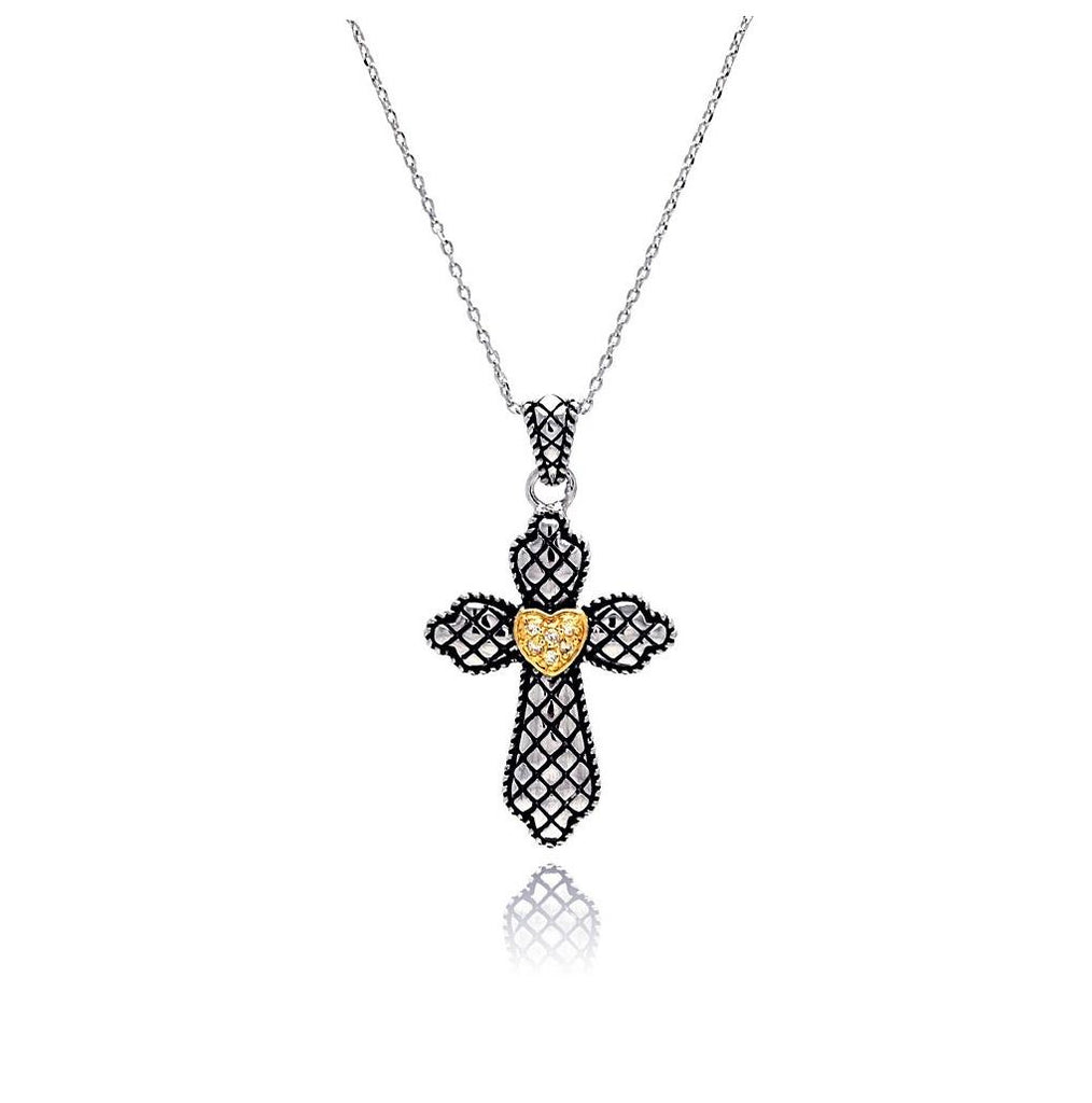 Black Gold Rhodium Plated Brass Clear Cz Cross Pendant Necklace