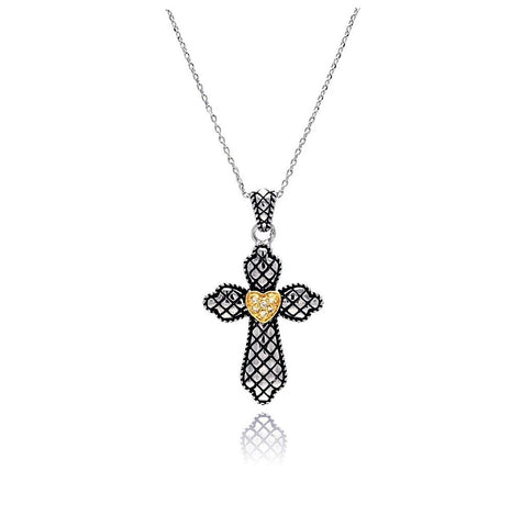 Black Gold Rhodium Plated Brass Clear Cz Cross Pendant Necklace