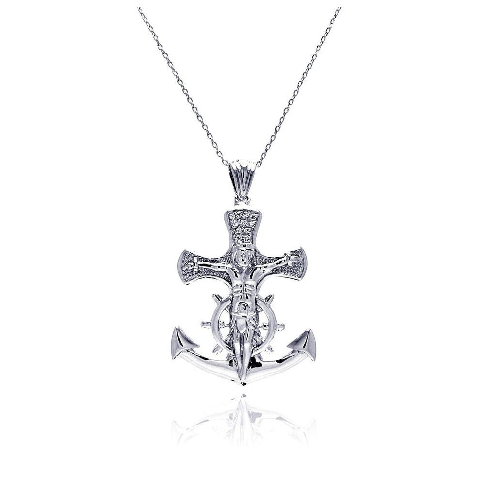 Rhodium Plated Brass Anchor Cross Inlay Pendant Necklace