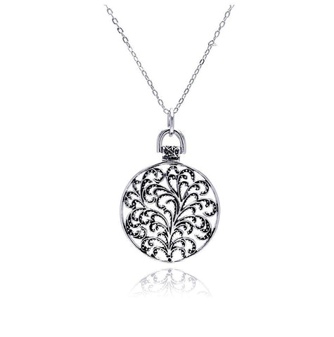 Rhodium Plated Brass Round Disc Flower Outline Pendant Necklace