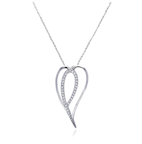 Rhodium Plated Brass Clear Cz Double Hearts Pendant Necklace