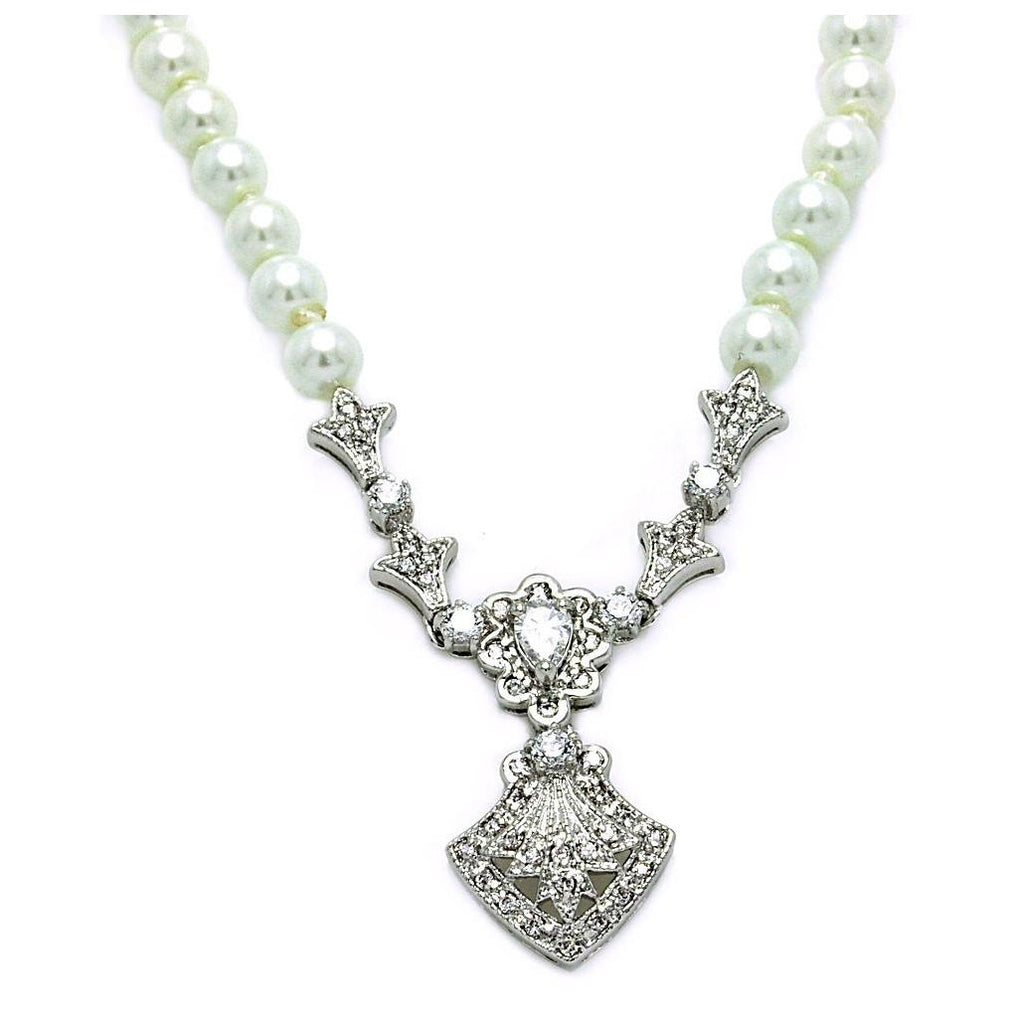 Rhodium Plated Brass Clear Cz White Pearl Chain Pendant Necklace