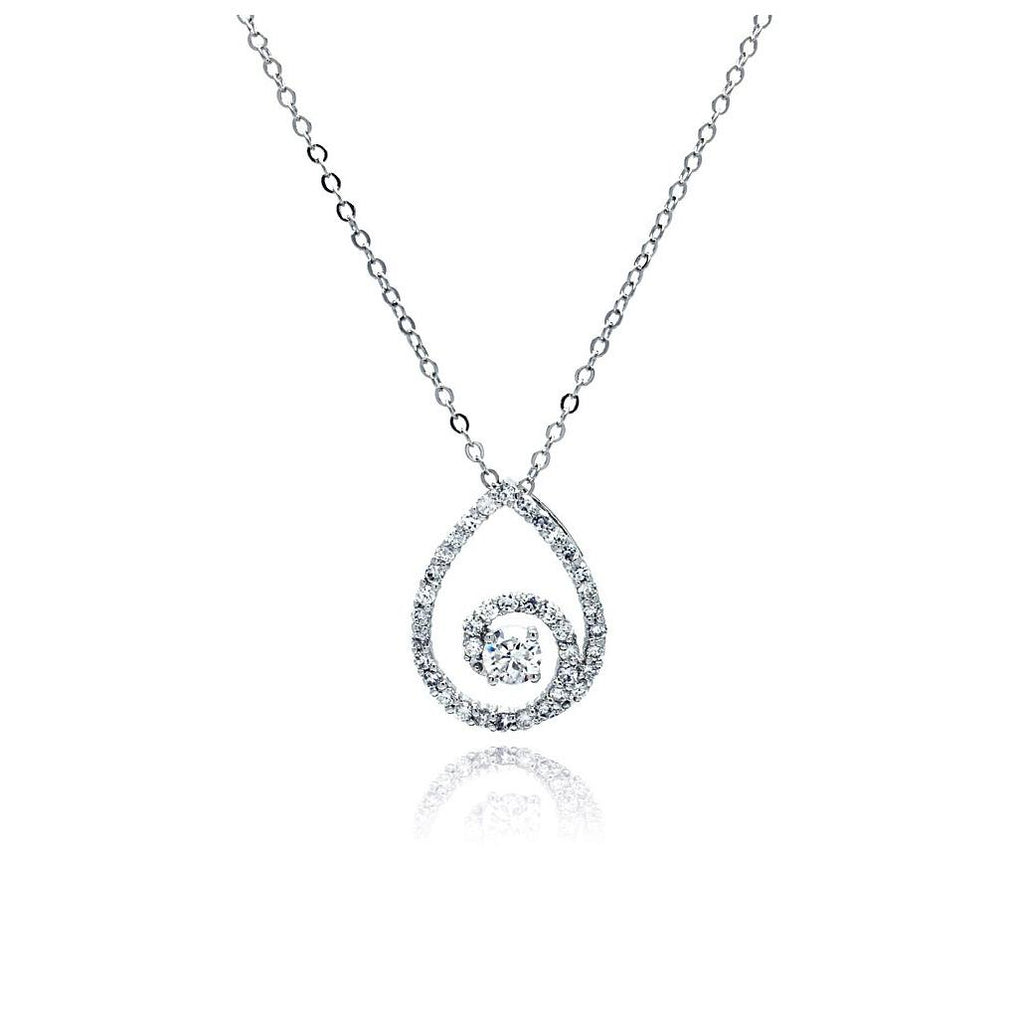 Rhodium Plated Brass Clear Cz Teardrop Pendant Necklace