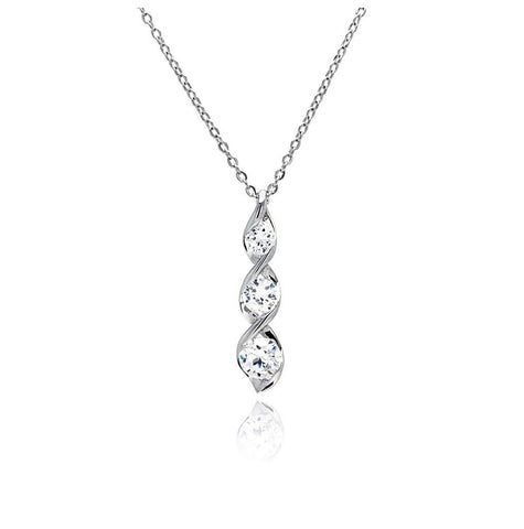 Rhodium Plated Brass 3 Clear Cz Twisted Setting Pendant Necklace