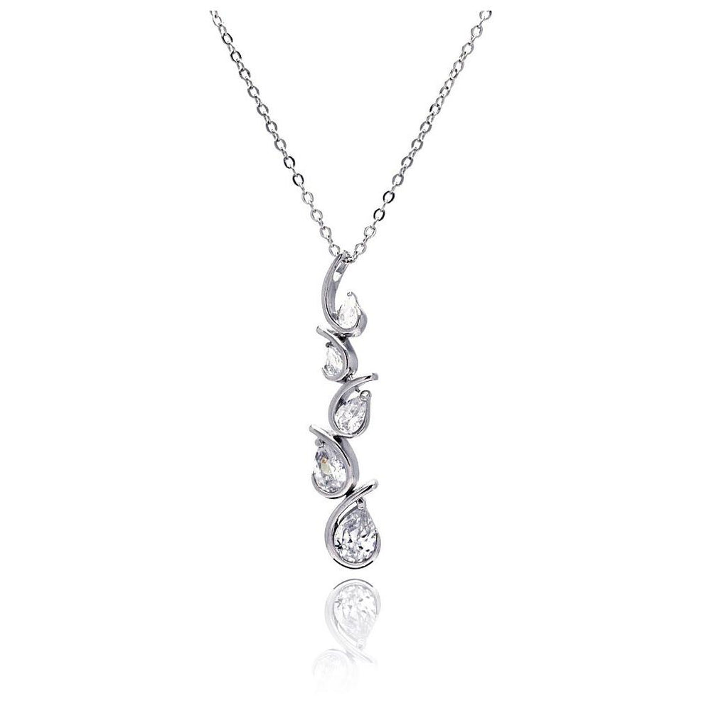 Rhodium Plated Brass Clear Cz Teardrop Wave Setting Pendant Necklace