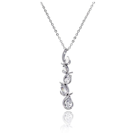 Rhodium Plated Brass Clear Cz Teardrop Wave Setting Pendant Necklace